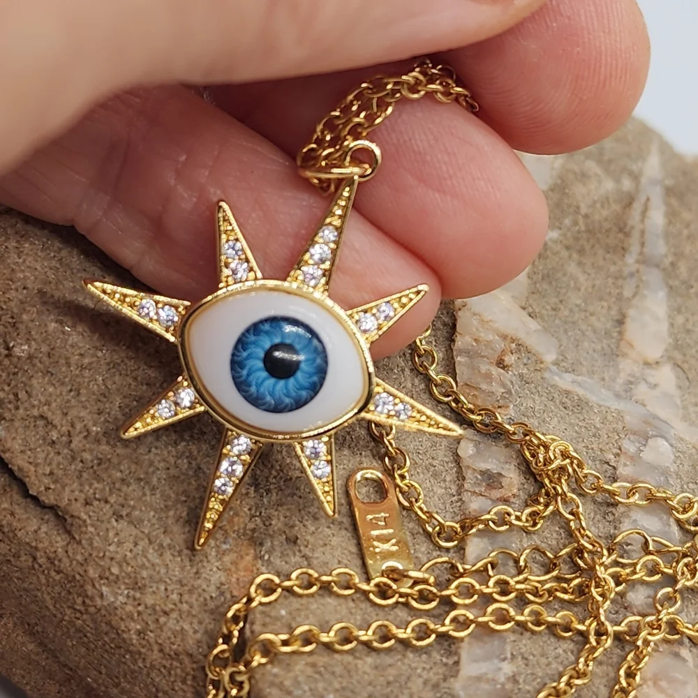 Rhodium 14K Gold Plated Chain Moroccan Evil Eye Star Mystic Pendant